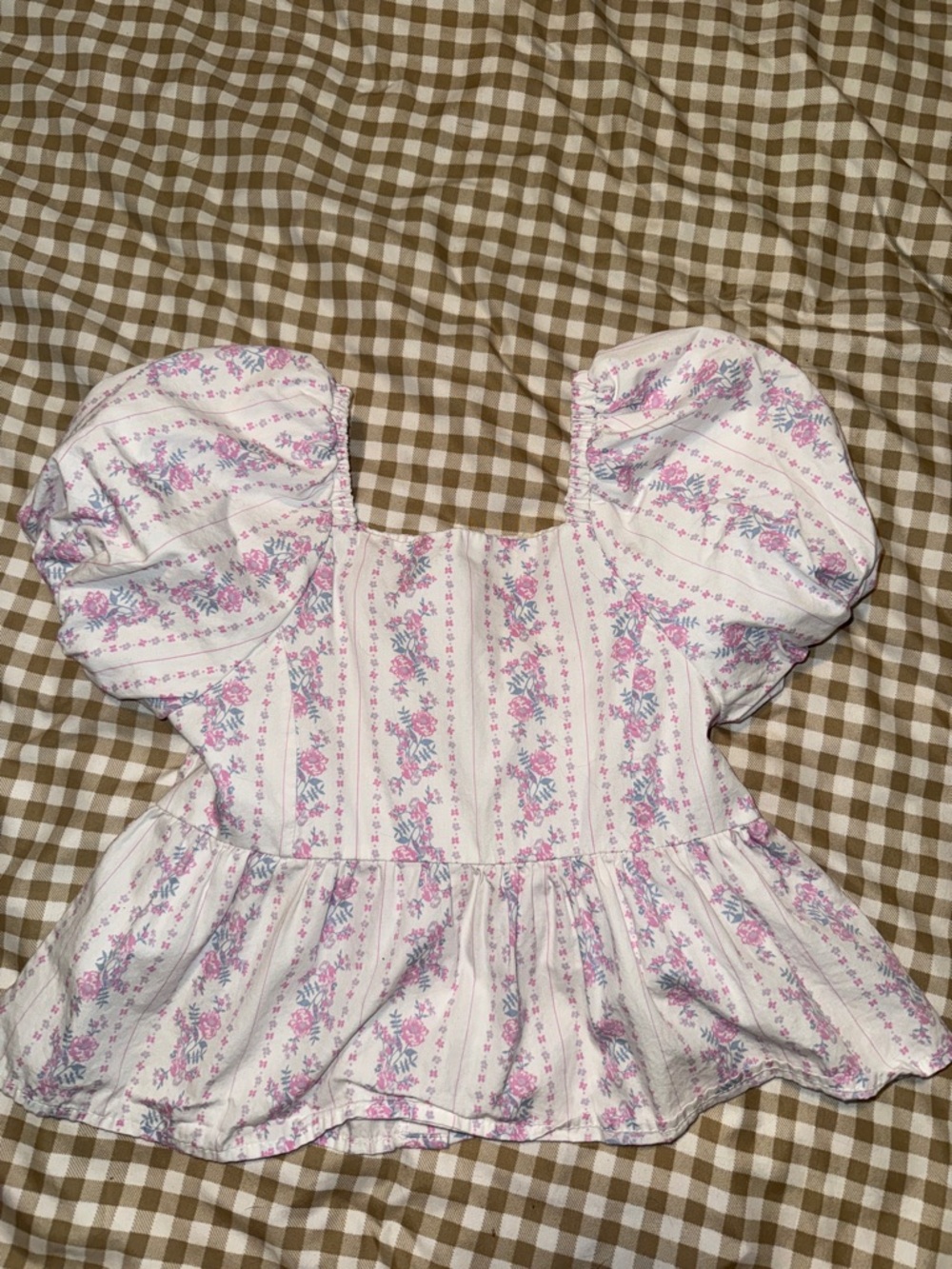 btween White Floral Puff Sleeve Top with Pink and Blue Flowers